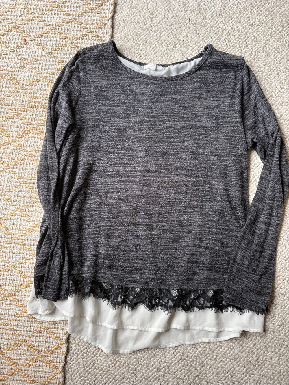 Maurices Charcoal Gray Layered Long Sleeve Top with Black Lace Trim